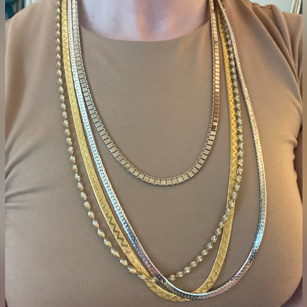 4 Vintage Chains – Monet, Napier, Trifari, 925 Italy Gold Vermeil – 24”–30” Lot